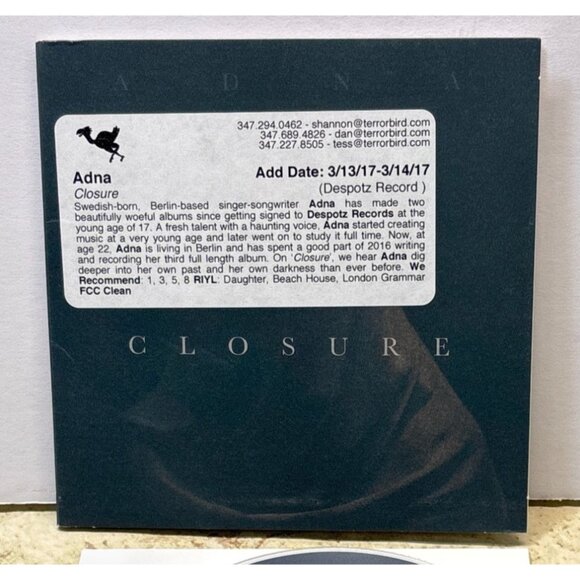 Adna Closure Swedish Pop CD 9 Tracks Despotz Records 2017 Info Sticker - Picture 2 of 7